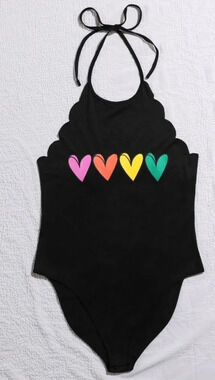 Shein Curve Plus Heart Print Scallop Trim Halter Bodysuit Size Women 3XL NEW